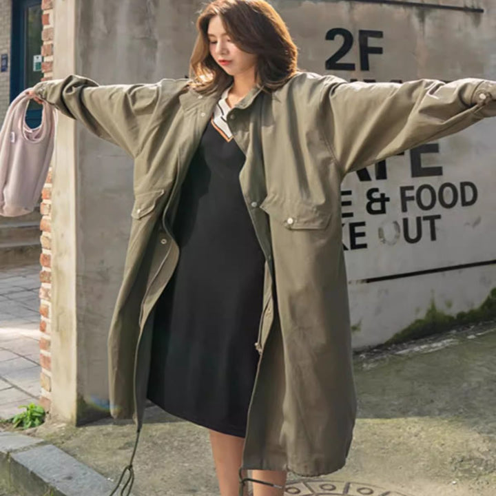 Women's Long Oversize Windbreaker in Utility Look with Flap Pockets Mune Fashion