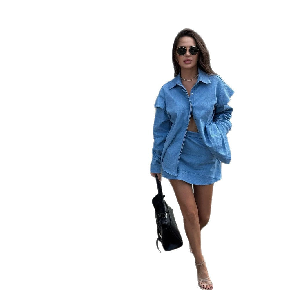 Women Two-Piece Denim Set with Oversized Shirt Jacket and Mini Skirt Mune Fashion