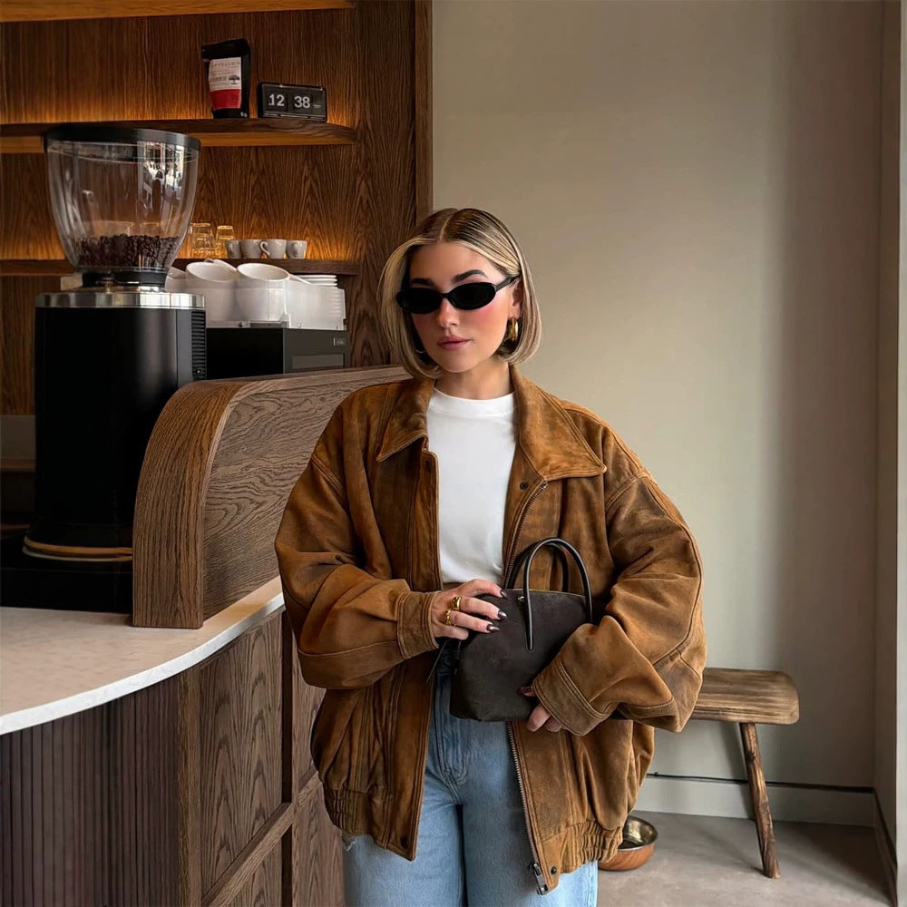 Ladies Oversize Suede Bomber Jacket with Elastic Hem Mune Fashion