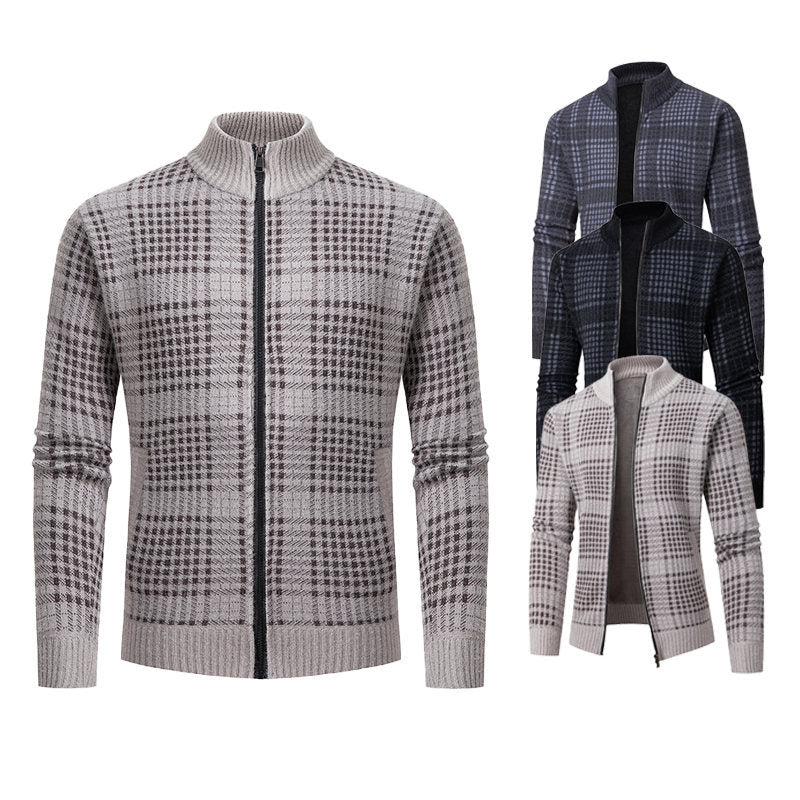 Men's fine knit zip cardigan with glencheck pattern, stand-up collar and two-way zipper Mune Fashion