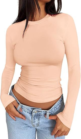 Ladies Body-hugging Long Sleeve Shirt in Cropped Look with Extended Sleeves and Thumb Hole Mune Fashion