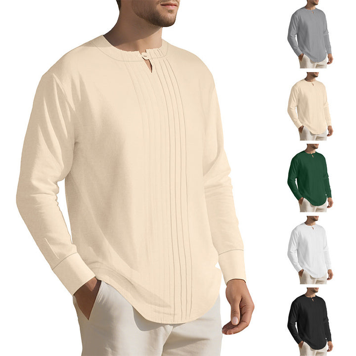 Men's Lightweight Long Sleeve Shirt in Linen Look with Stand-Up Collar, Pleats and Loop Closure Mune Fashion
