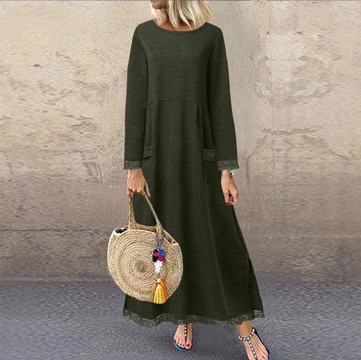 Ladies nan maxi dress with loose A-line cut, round neckline, patch pockets, and delicate lace trim Mune Fashion