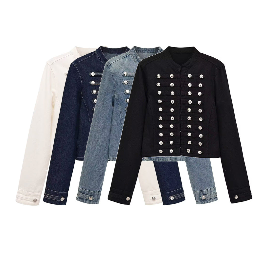 Women's military-style jeans jacket with stand-up collar and decorative button plackets Mune Fashion
