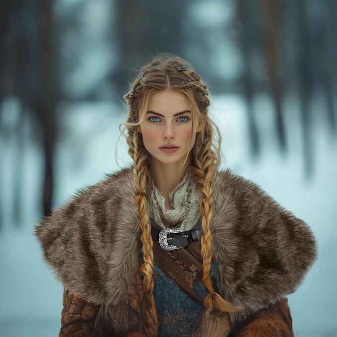 Ladies' coat cape made of faux fur with large shoulder collar and decorative buckle appliqué Mune Fashion