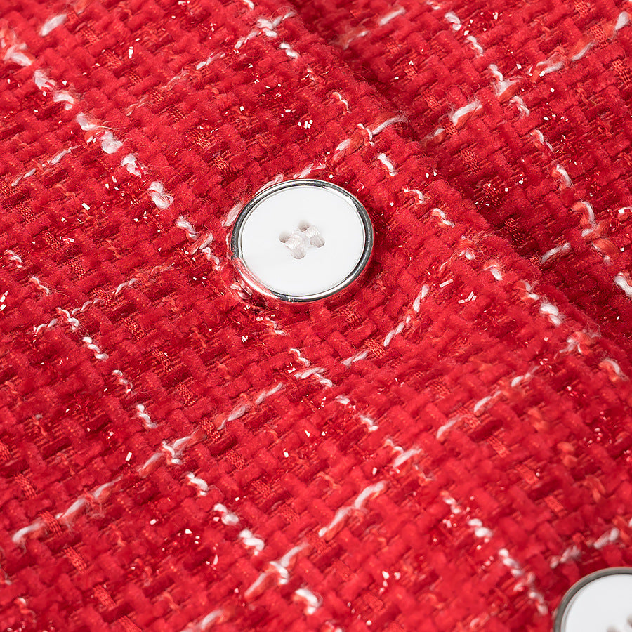 Women's Short-Cut Boucle Tweed Blazer with Round Neck, Decorative Buttons and Patch Pockets Mune Fashion