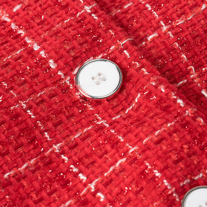Women's Short-Cut Boucle Tweed Blazer with Round Neck, Decorative Buttons and Patch Pockets Mune Fashion