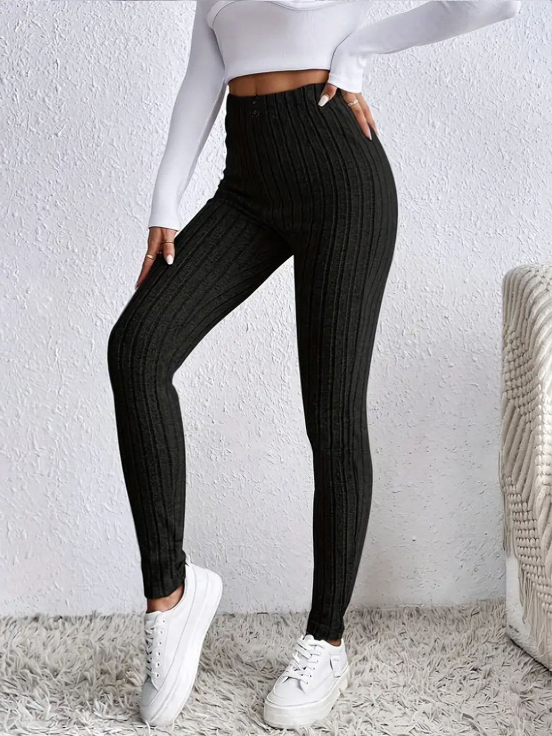 Women High-waisted Ribbed Knit Leggings with Elastic Waistband Mune Fashion