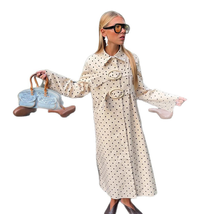 Women's long cut polka dot trench coat with oversized embellishments and boxy cut Mune Fashion
