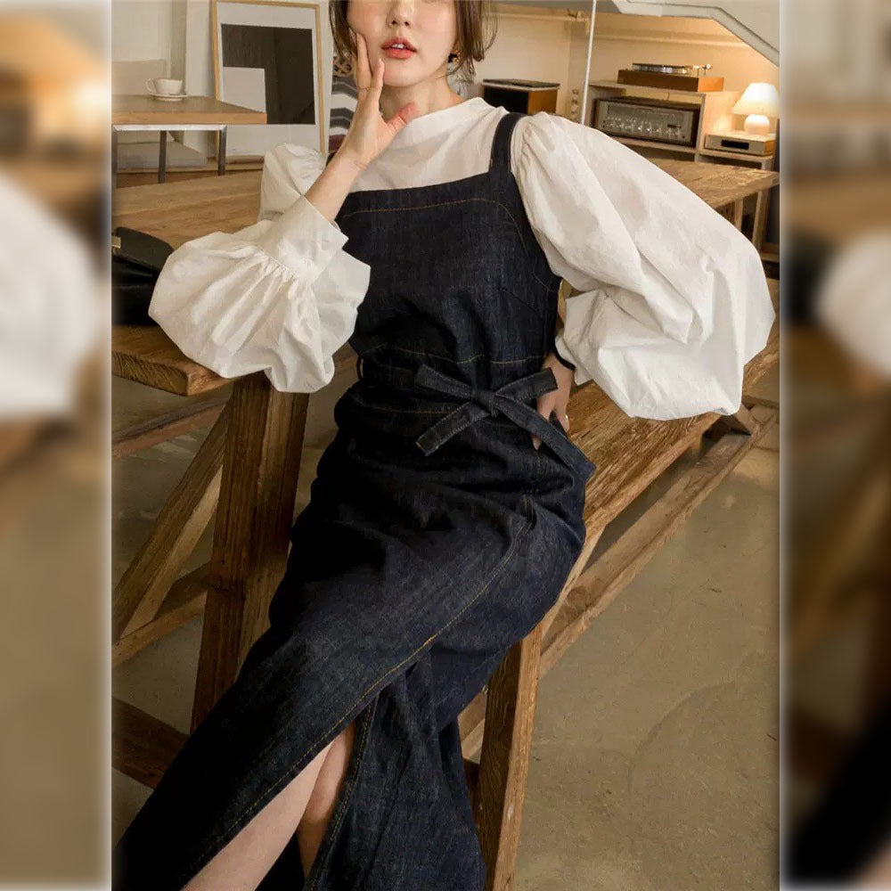 Women's Long Jeans Overall Dress with Square Neckline, Waistband and Front Leg Split Mune Fashion