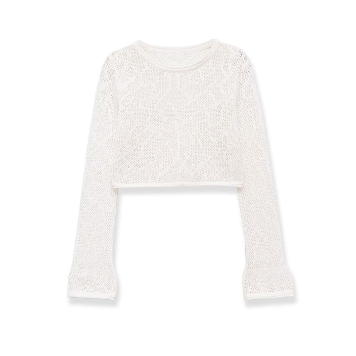 Women's Short Cut Lace Knit Crop Top with Round Neckline and Slightly Flared Sleeves Mune Fashion
