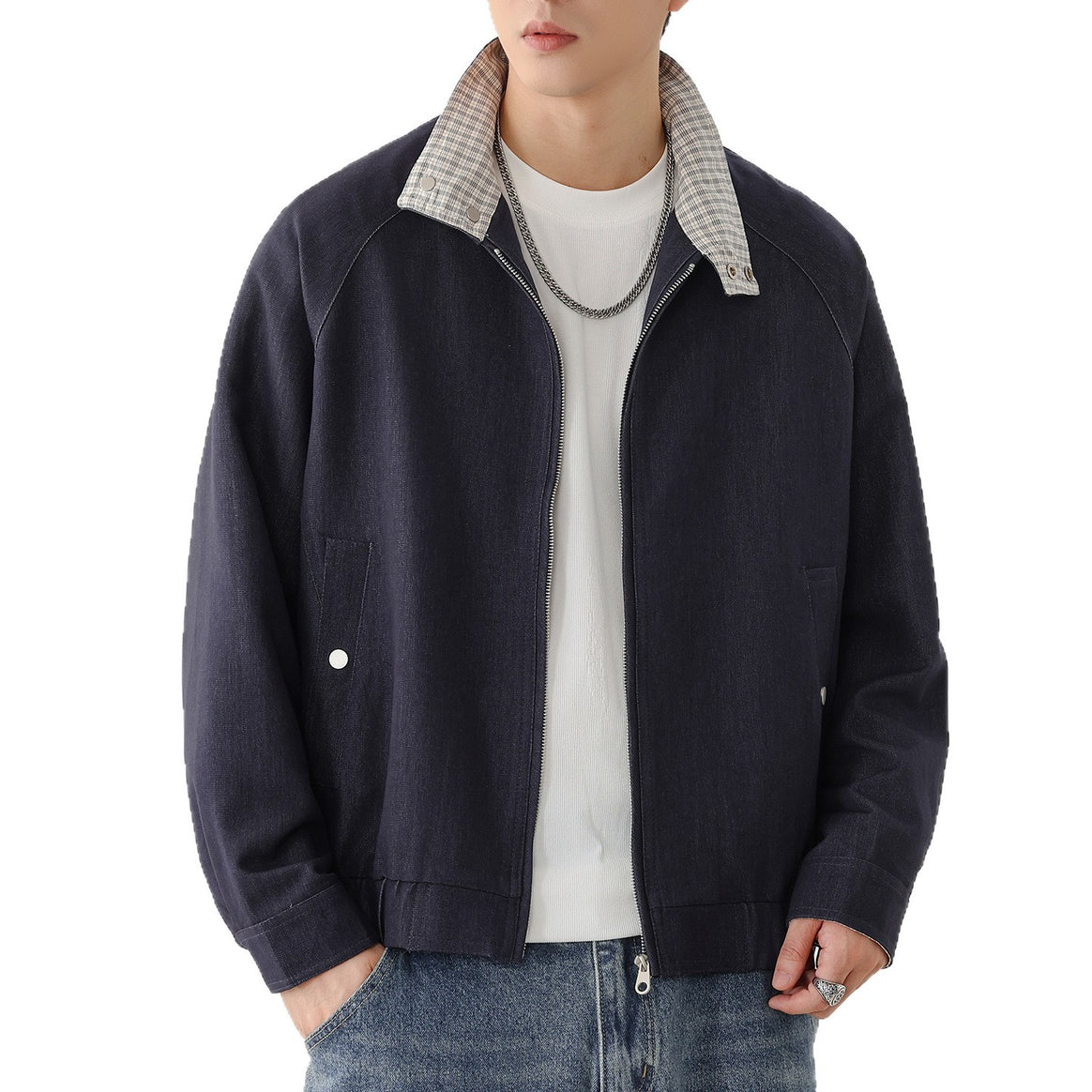 Men's lightweight bomber jacket with zipper and checkered stand-up collar Mune Fashion