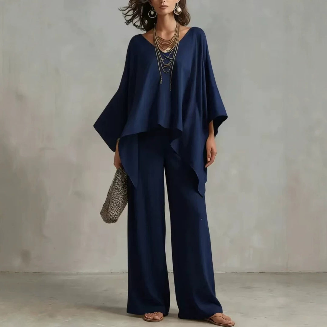 Women's Two-Piece Set with Oversized Poncho Top and Wide Palazzos Pants EB