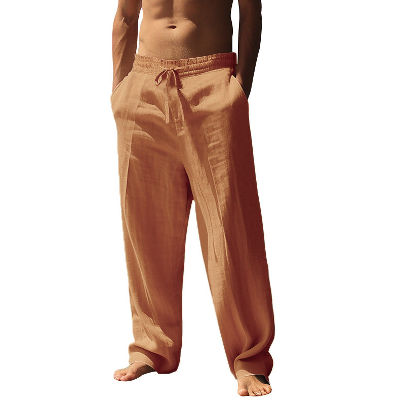 Men's relaxed fit palazzo pants made of linen blend with decorative crease and drawstring Mune Fashion