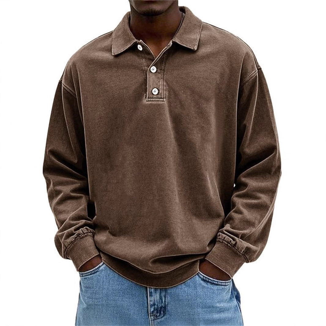 Men's Oversize Denim Look Polo Sweatshirt with Short Button Placket and Elastic Cuffs EB