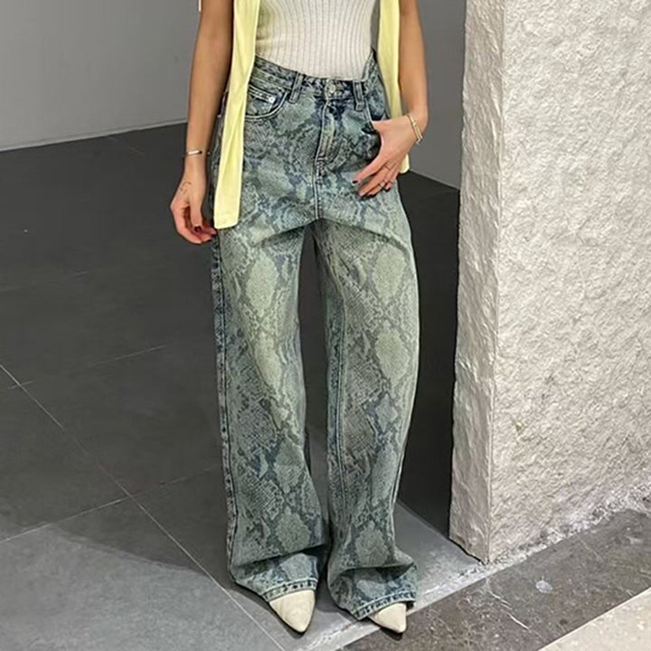 Women's high-waisted jeans with snake print, wide leg and straight cut Mune Fashion