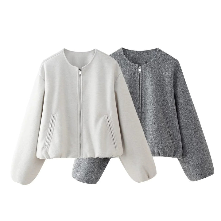 Women's short-cut bomber jacket without collar with balloon sleeves and side pockets Mune Fashion
