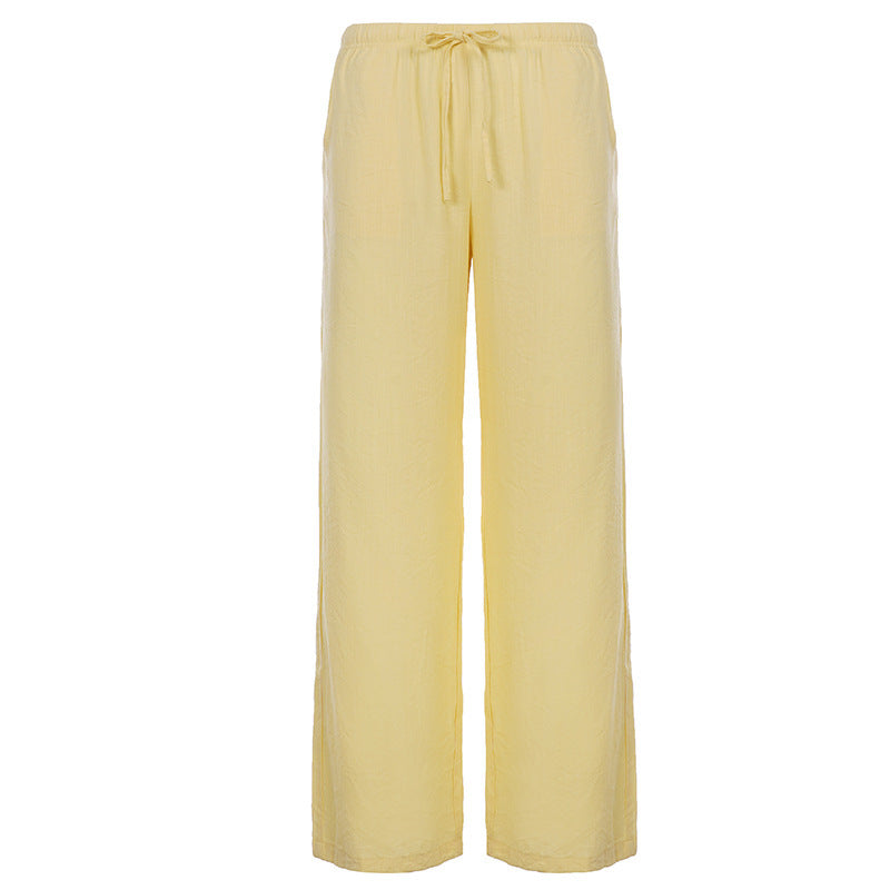 Women's Linen Lounge Pants with Wide Leg, Drawstring and Side Pockets Mune Fashion