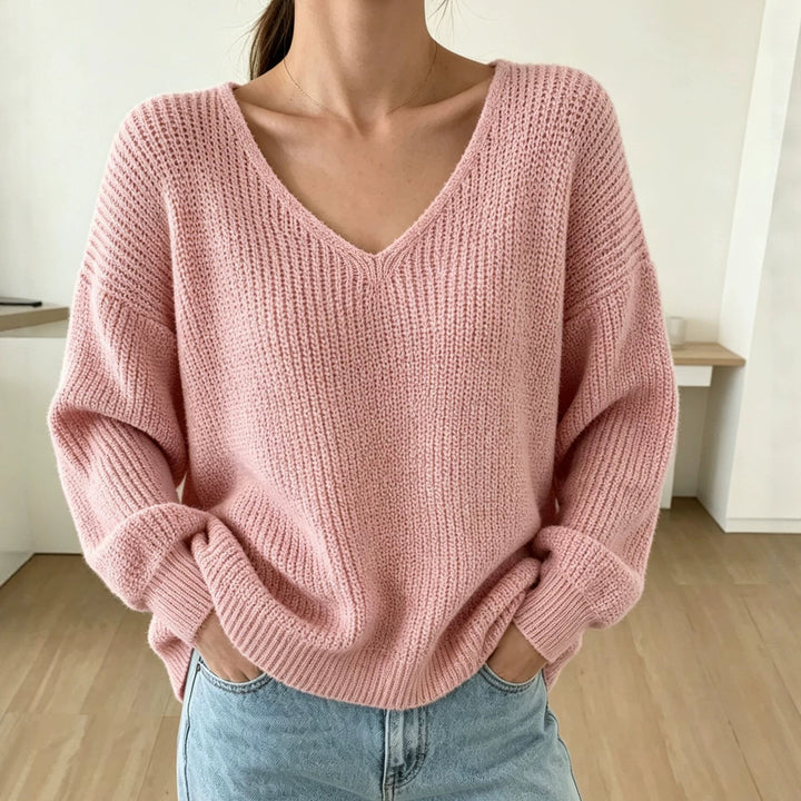 Women's Casual Boxy Chunky Knit Sweater with V-Neck and Ribbed Cuffs Mune Fashion