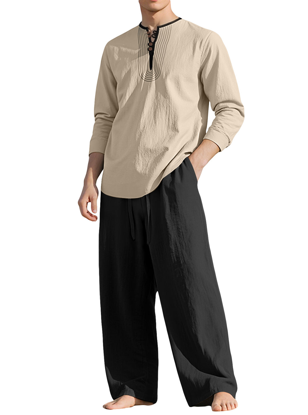 Men's tunic and Palazzo pants set with Henley placket, decorative embroidery and wide cut Mune Fashion