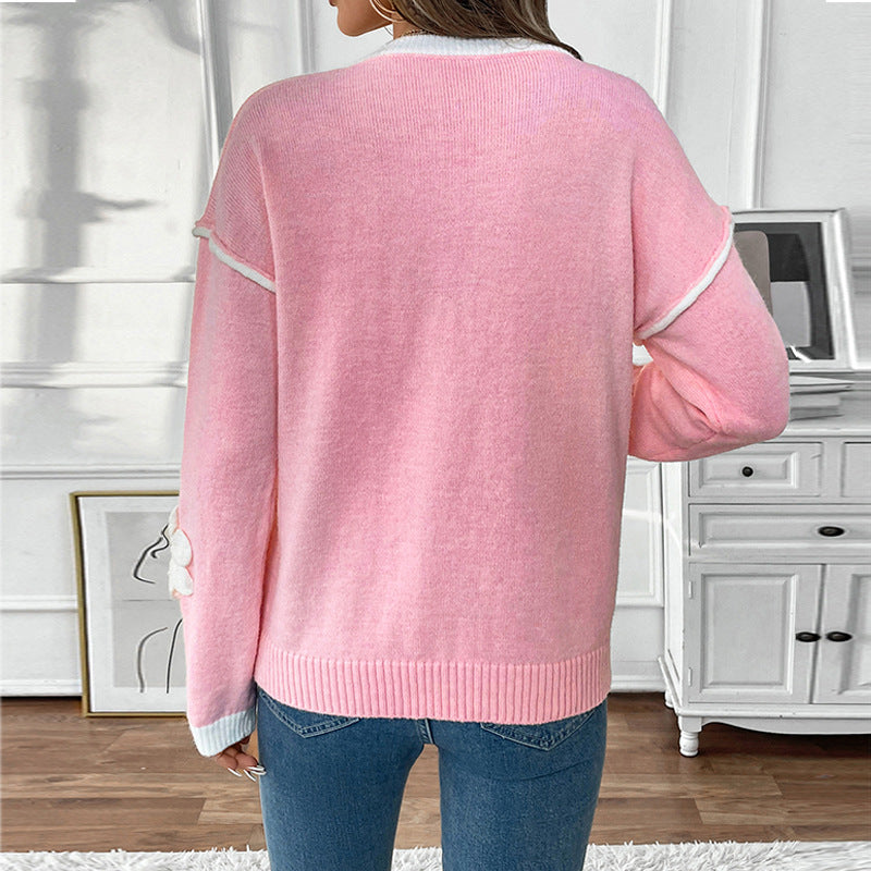 Women's V-Neck Fine Knit Sweater with Three-Dimensional Flower Appliqués Mune Fashion