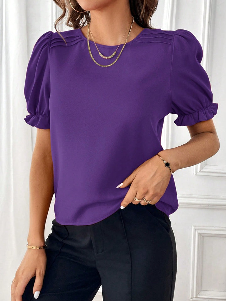Ladies Elegant Chiffon Blouse with Puff Sleeves and Decorative Shoulder Pleats Mune Fashion