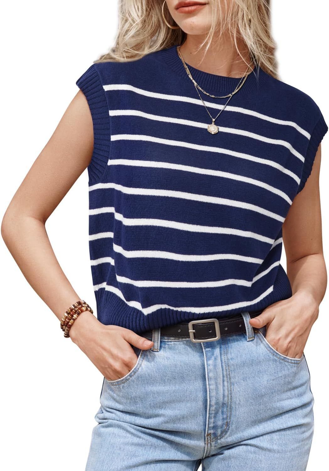 Women's Striped Fine Knit Vest with Round Neckline and Dropped Shoulder Mune Fashion