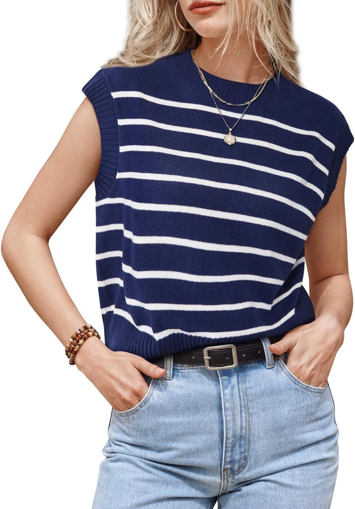 Women's Striped Fine Knit Vest with Round Neckline and Dropped Shoulder Mune Fashion