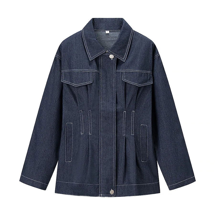Ladies nan utility denim jacket with tailored darts, concealed snap placket and applied chest flaps Mune Fashion