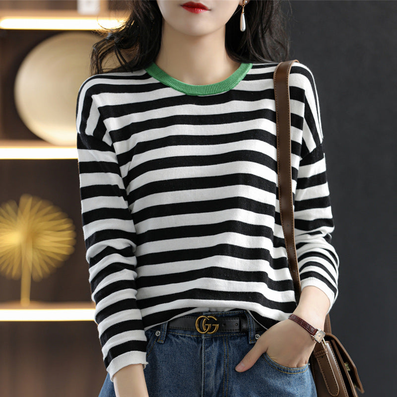 Women Maritime-inspired striped fine knit shirt with wide boat neck and contrast trim Mune Fashion