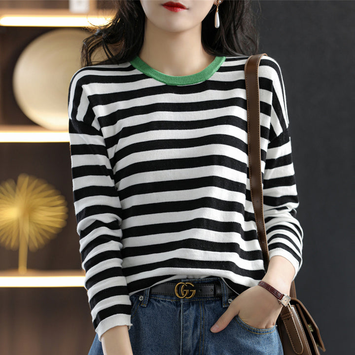 Women Maritime-inspired striped fine knit shirt with wide boat neck and contrast trim Mune Fashion