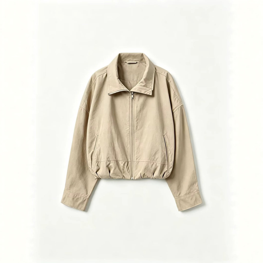 Women's Lightweight Short Bomber Jacket with Stand-up Collar, Drawstring Waist and Concealed Zipper Mune Fashion
