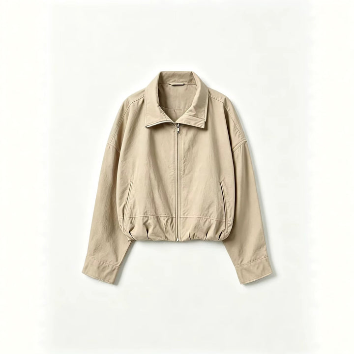 Women's Lightweight Short Bomber Jacket with Stand-up Collar, Drawstring Waist and Concealed Zipper Mune Fashion