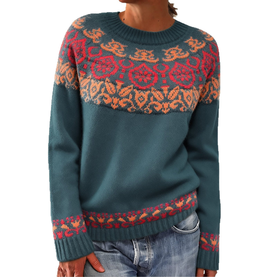 Women's Norwegian sweater made of wool blend with round neck and traditional Fair Isle yoke Mune Fashion
