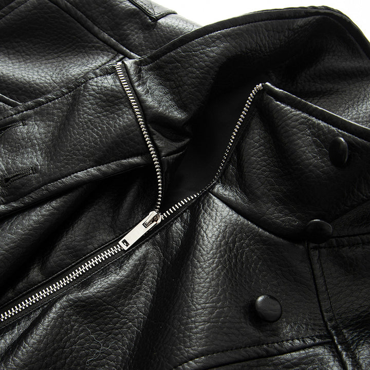 Women's nano asymmetric oversized faux leather jacket with stand-up collar, shoulder epaulettes and drawstring hem Mune Fashion