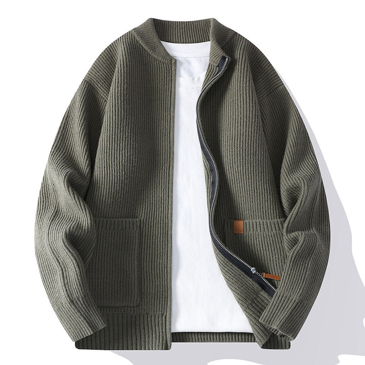 Men's Structured Bomber Cardigan with Full Metal Zip and Patch Pockets Mune Fashion