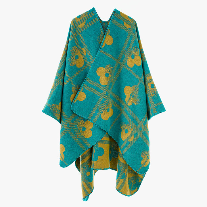 Women's Reversible Jacquard Poncho made of wool blend with floral check pattern and decorative piping seam Mune Fashion