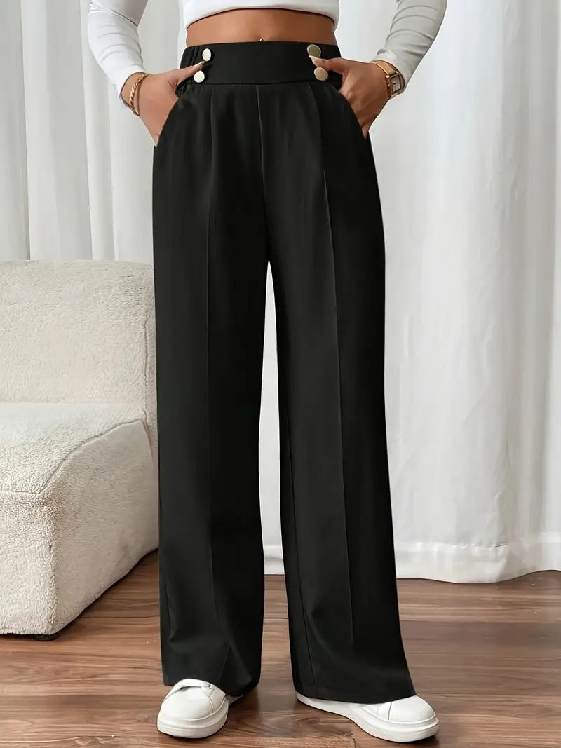 Women's High-Waisted Wide Marlene Pants with Decorative Button Waistband and Ironed Pleat Mune Fashion