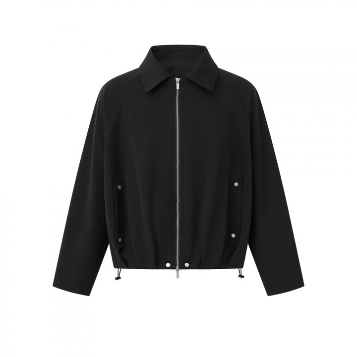 Unisex Short cut boxy zip blouson jacket with shirt collar, drawstring hem and snap button pockets Mune Fashion