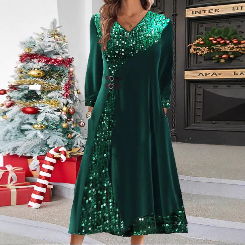 Women's festive sequin panel maxi dress with V-neck long sleeves and decorative waist belts Mune Fashion