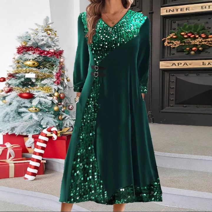 Women's festive sequin panel maxi dress with V-neck long sleeves and decorative waist belts Mune Fashion