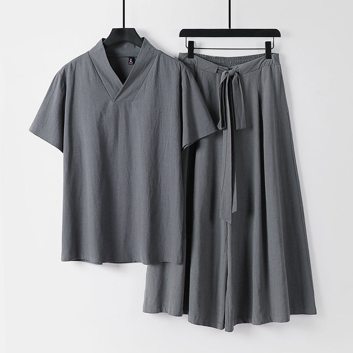 Women's Lightweight Loungewear Set with V-Neck Shirt and Flowing Midi Skirt with Drawstring Mune Fashion