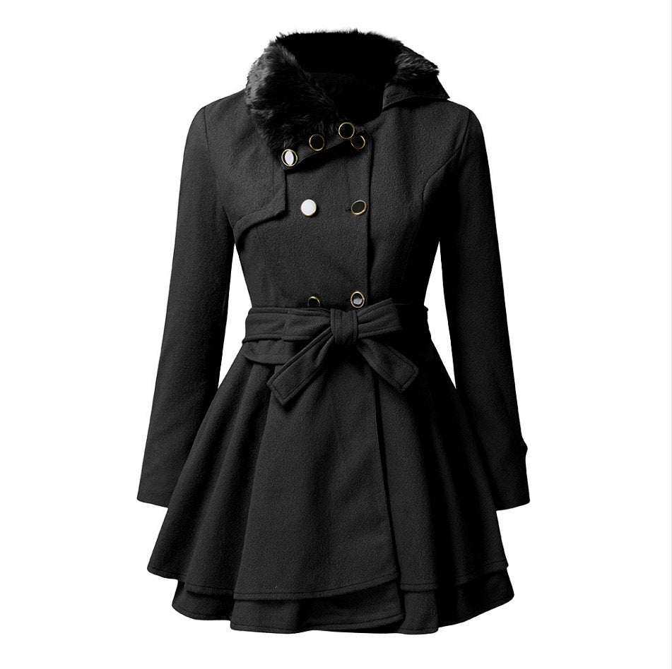 Women A-line wool blend coat with waist belt double-breasted and faux fur collar Mune Fashion