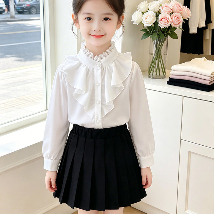 Girls elegant ruffle blouse with collar and matching pleated skirt Mune Fashion