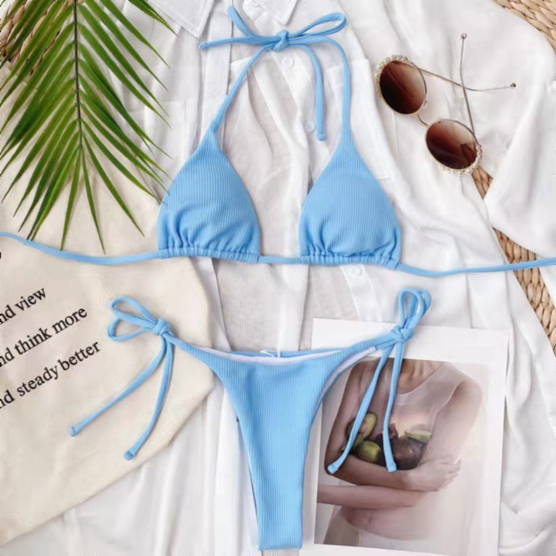 Ladies Triangle Bikini with adjustable ties and ribbed knit Mune Fashion
