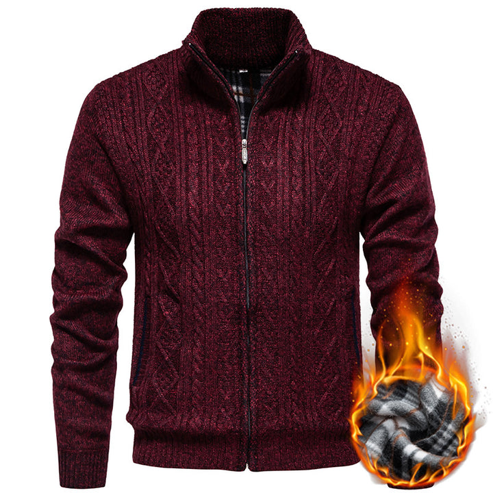 Men's chunky knit cardigan with cable pattern, stand-up collar and checked inner lining Mune Fashion