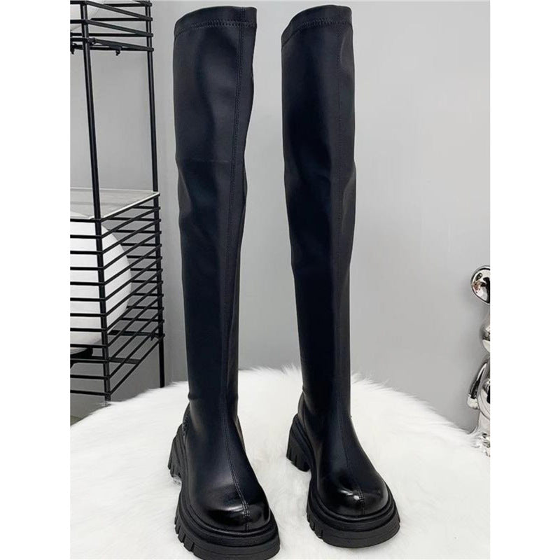 Women's Thigh-High Stretch Boots with Sleek Shaft and Shaped Platform Sole Mune Fashion