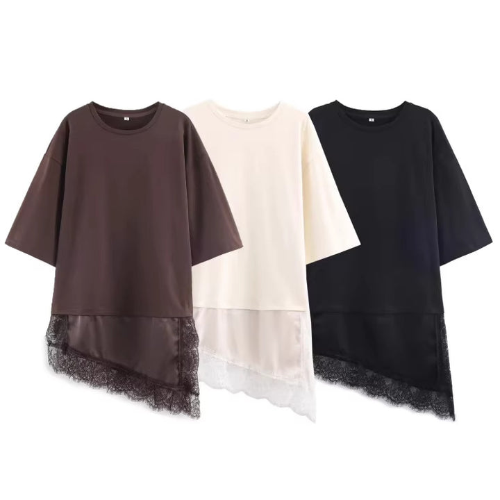 Women 20+ Oversized Boxy Longshirt with asymmetrical lace hem Mune Fashion