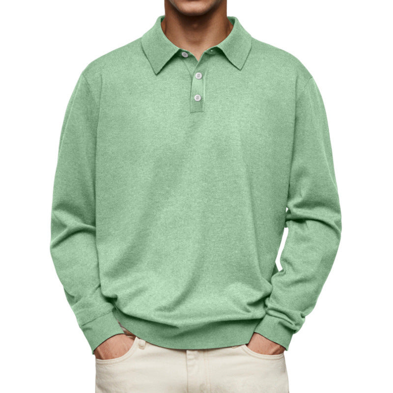 Men's Fine Knit Long Sleeve Polo Shirt with Placket and Collar Mune Fashion
