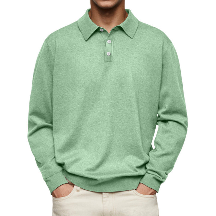 Men's Fine Knit Long Sleeve Polo Shirt with Placket and Collar Mune Fashion